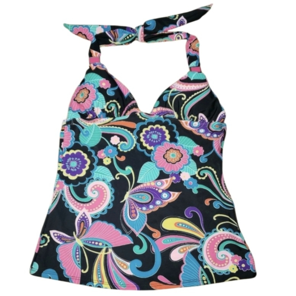 CANDIE'S Bright Neon Colorful Rainbow Floral Butterfly Halter Tankini Top Sz XS